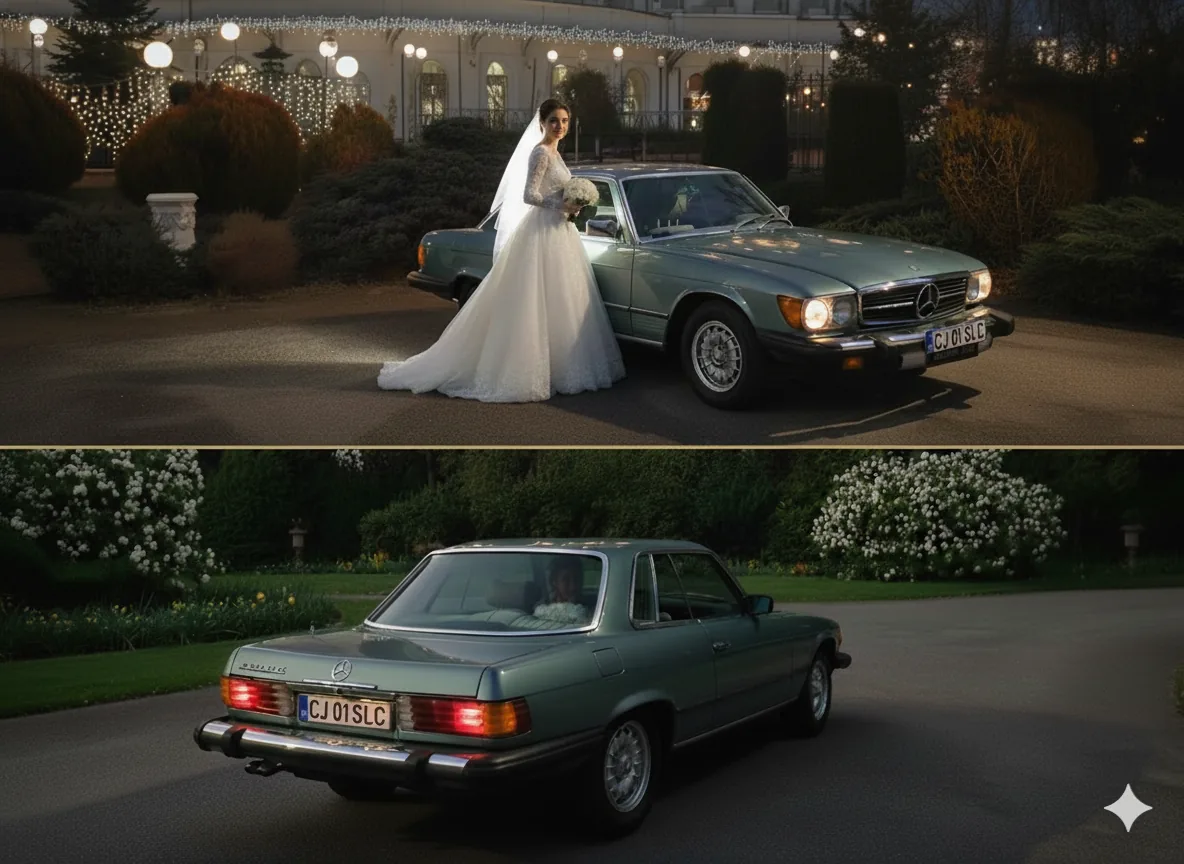 Detaliu Mercedes 280 SLC pentru eveniment special în Cluj